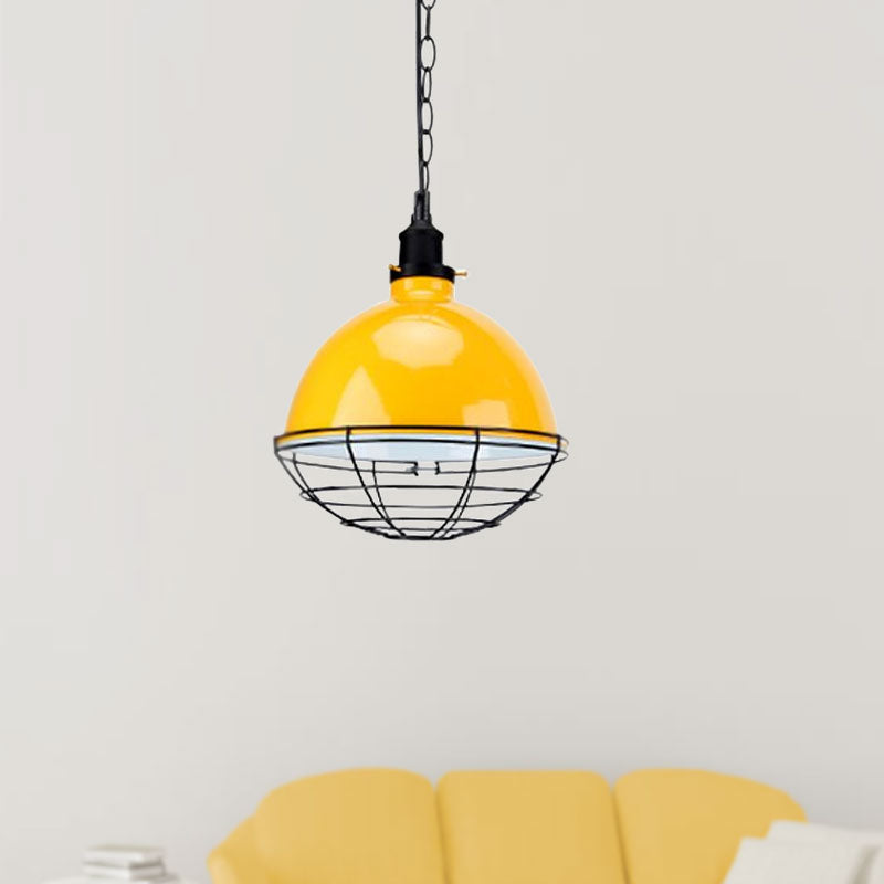 Retro Industrial Metal Pendant Light - Bowl Shade, 1 Bulb - Black/White/Red - Indoor Ceiling Light with Wire Guard and Chain