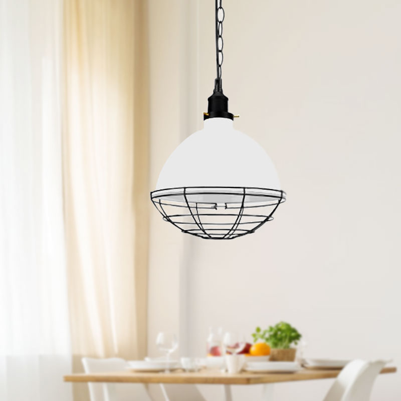 Retro Industrial Metal Pendant Light - Bowl Shade, 1 Bulb - Black/White/Red - Indoor Ceiling Light with Wire Guard and Chain