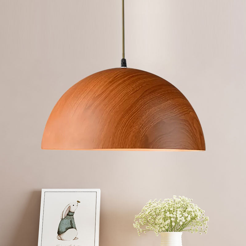 Contemporary Aluminum Domed Pendant Light with Wood Design in Dark Brown/Light Brown - Balcony Suspension
