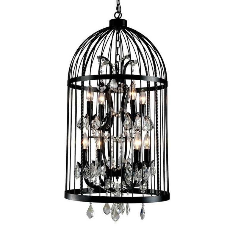 Vintage Industrial Black Metal Pendant Light with Crystal Deco - Multi Light Birdcage Hanging Design