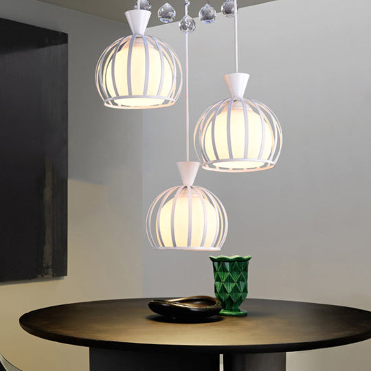 Retro Domed Cage Pendant Light With Clear Crystal Ball Deco - Stylish Metal Hanging Lamp (3 Lights)
