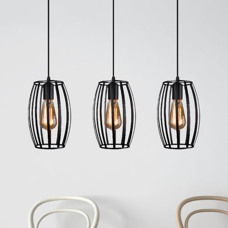 Modern Oval Pendant Light with Cage Shade - Black/White, 3 Lights, Indoor Hanging Ceiling Fixture