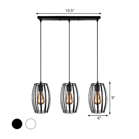 Black/White Oval Pendant Light Loft Style 3-Light Indoor Ceiling With Cage Shade