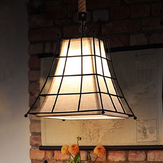 Vintage Style Metal Bell Cage Pendant Lamp with Inner White Fabric Shade - Dining Room Ceiling Light (1 Light)