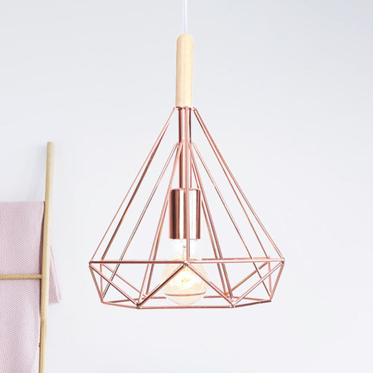 Suspension cage en métal or rose avec diamants - Lampe de plafond industrielle nordique