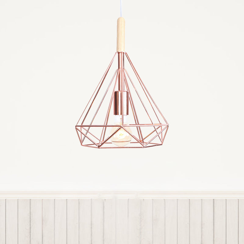 Nordic Industrial Rose Gold Diamond Metal Cage Pendant Light - 1 Ceiling Hanging Fixture