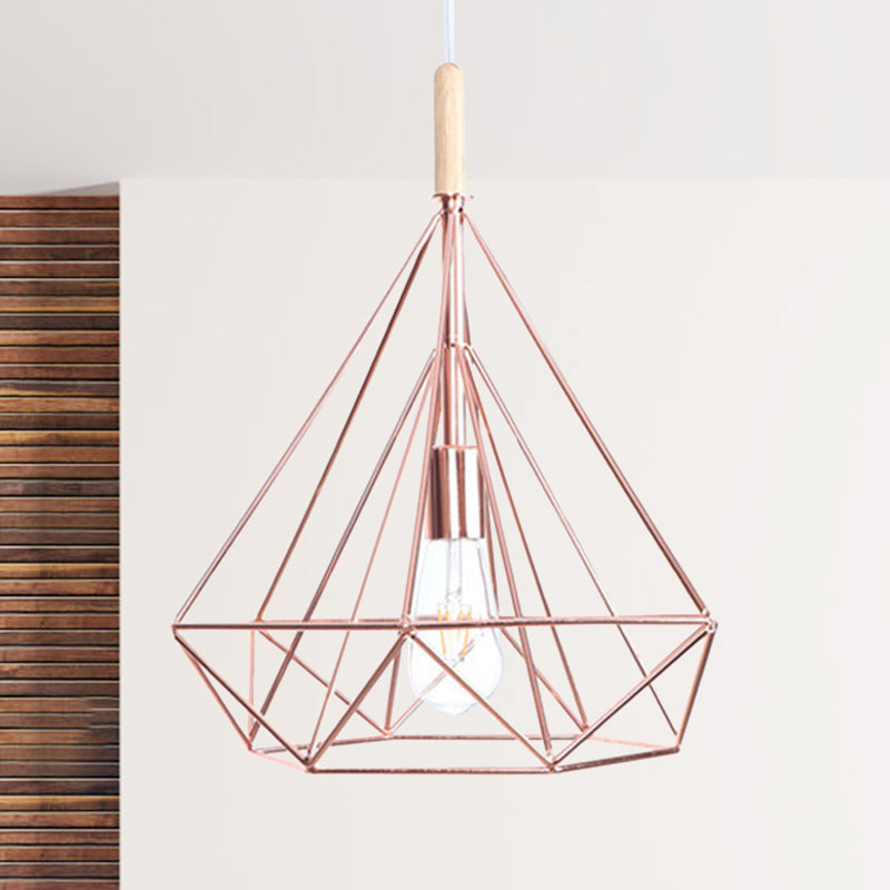 Nordic Industrial Rose Gold Diamond Metal Cage Pendant Light - 1 Ceiling Hanging Fixture / Large