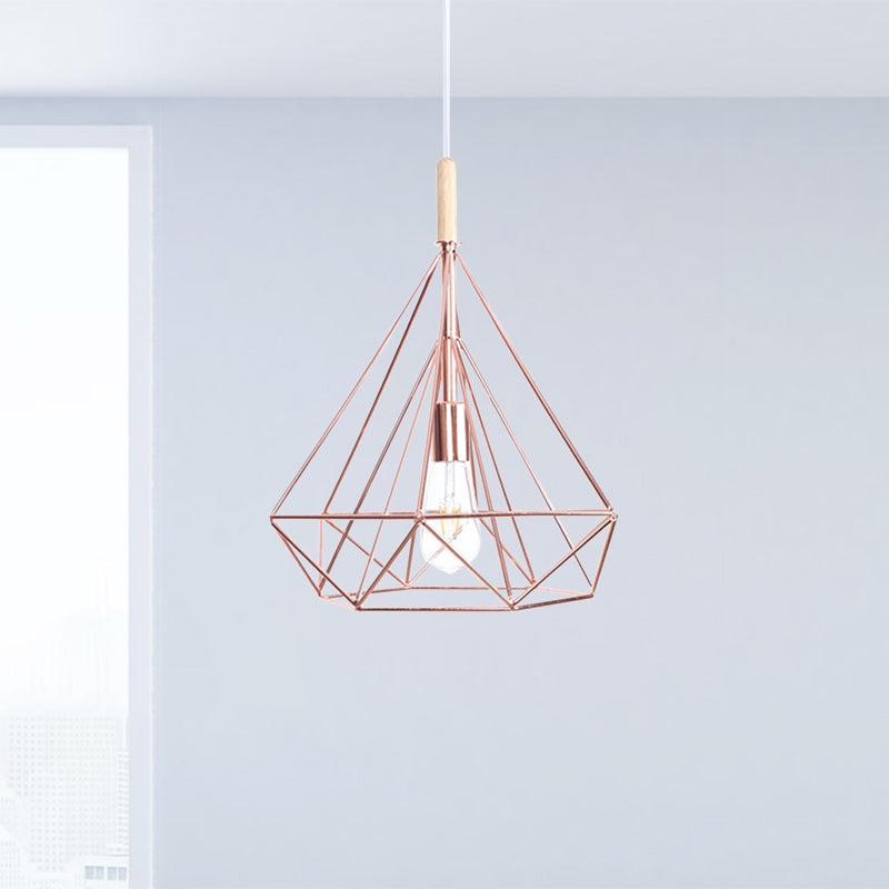 Rose Gold Diamond Metal Cage Pendant Light - Nordic Industrial Ceiling Hanging Lamp