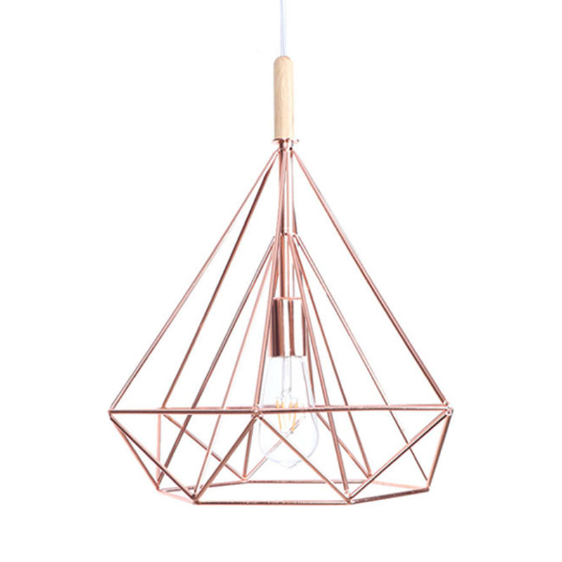 Nordic Industrial Rose Gold Diamond Metal Cage Pendant Light - 1 Ceiling Hanging Fixture