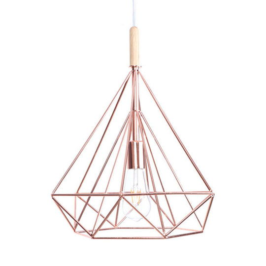 Nordic Industrial Rose Gold Diamond Metal Cage Pendant Light - 1 Ceiling Hanging Fixture