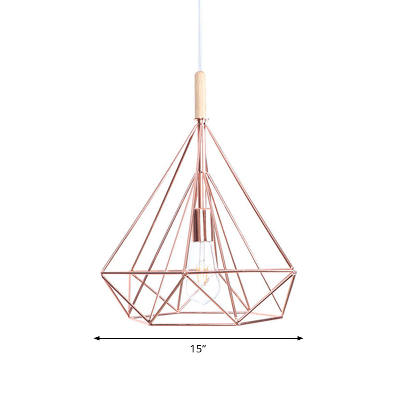 Nordic Industrial Rose Gold Diamond Metal Cage Pendant Light - 1 Ceiling Hanging Fixture