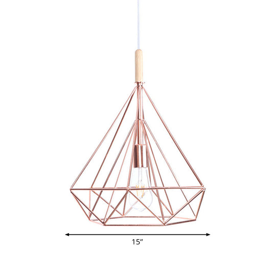 Nordic Industrial Rose Gold Diamond Metal Cage Pendant Light - 1 Ceiling Hanging Fixture