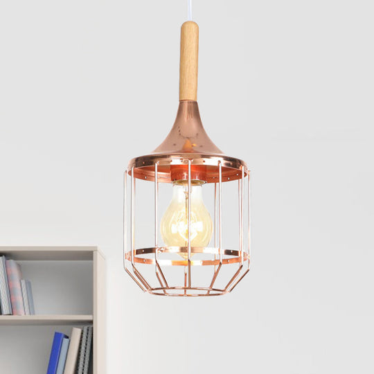 Modern Rose Gold Drum Pendant Light with Metal Cage for Corridor