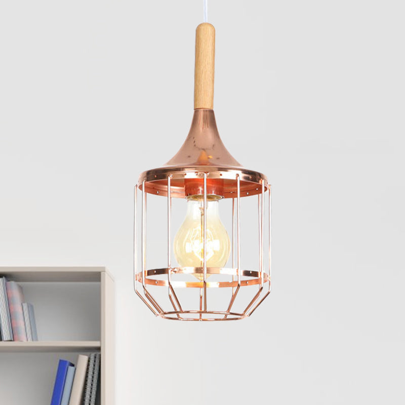 Drum Ceiling Pendant - Rose Gold & Metal Cage; Modern 1 Light Hanging For Corridor Copper / Without