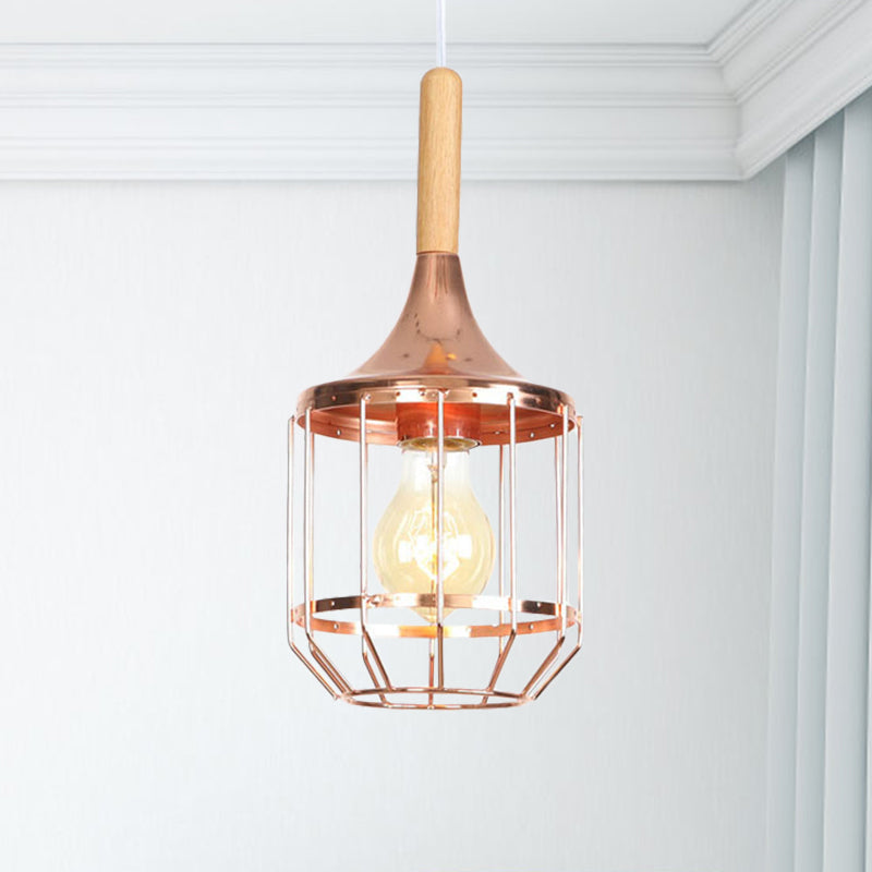 Modern Rose Gold Drum Pendant Light with Metal Cage for Corridor