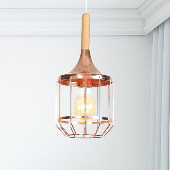 Modern Rose Gold Drum Pendant Light with Metal Cage for Corridor