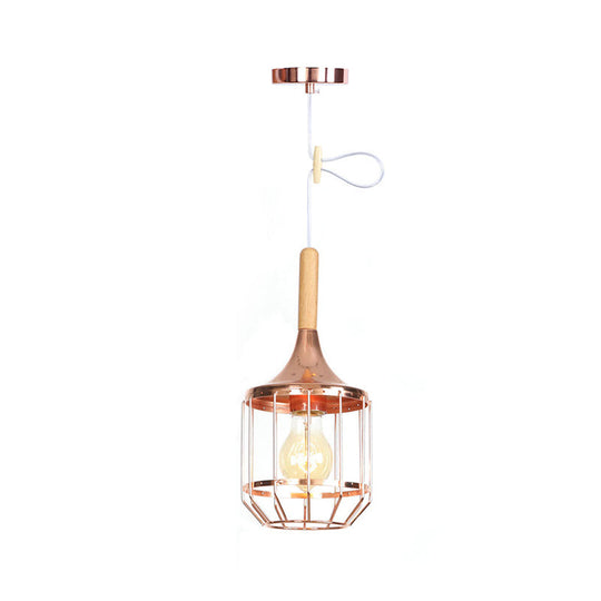 Drum Ceiling Pendant - Rose Gold & Metal Cage; Modern 1 Light Hanging For Corridor