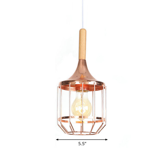 Modern Rose Gold Drum Pendant Light with Metal Cage for Corridor