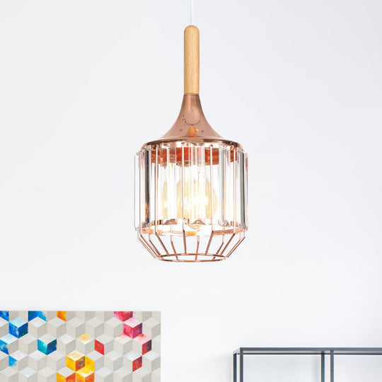 Modern Rose Gold Drum Pendant Light with Metal Cage for Corridor