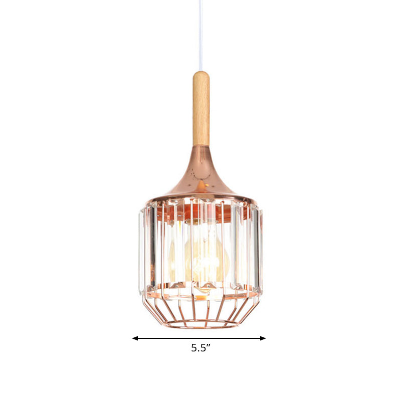 Modern Rose Gold Drum Pendant Light with Metal Cage for Corridor