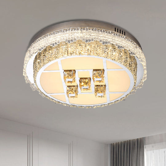 Contemporary LED Bedroom Lighting Fixture - Stainless Steel Flush Mount with Circular Crystal Blocks