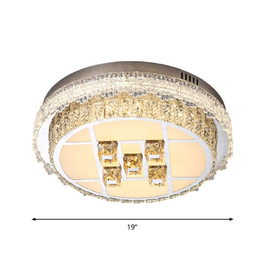 Contemporary LED Bedroom Lighting Fixture - Stainless Steel Flush Mount with Circular Crystal Blocks