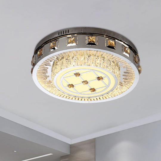 Contemporary Led Bedroom Lighting Fixture - Stainless Steel Flush Mount With Circular Crystal Blocks
