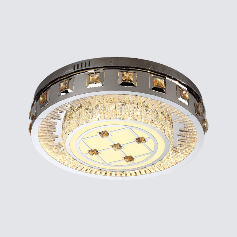 Contemporary LED Bedroom Lighting Fixture - Stainless Steel Flush Mount with Circular Crystal Blocks