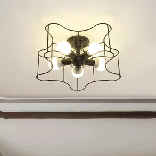 Industrial Star Shaped Metal 5-Bulb Light Fixture in Black/White with Cage for Living Room.
