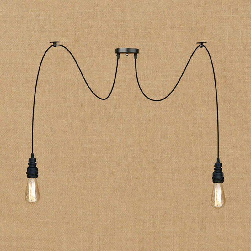 Industrial Swag Hanging Lamp with Exposed Bulb - Black Metal Pendant Light (2/3 Heads)