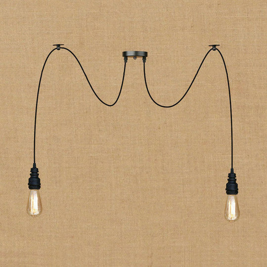 Industrial Swag Hanging Lamp with Exposed Bulb - Black Metal Pendant Light (2/3 Heads)