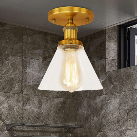 Industrial Clear Glass Ceiling Light in Black/Brass/Copper - Single Bulb Semi Flush Mount