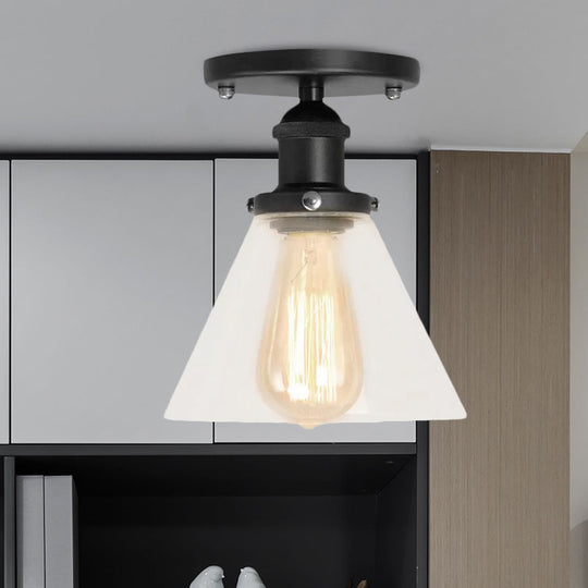Industrial Clear Glass Ceiling Light in Black/Brass/Copper - Single Bulb Semi Flush Mount