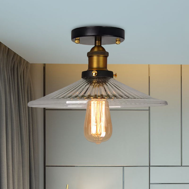 Semi Mount Ribbed Glass Cone Ceiling Light in Black/Brass/Copper - Industrial Style for Living Room - 1 Bulb