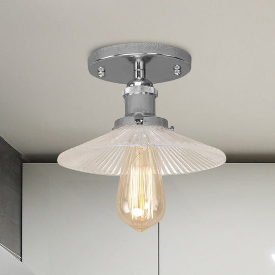 Semi Mount Ribbed Glass Cone Ceiling Light in Black/Brass/Copper - Industrial Style for Living Room - 1 Bulb