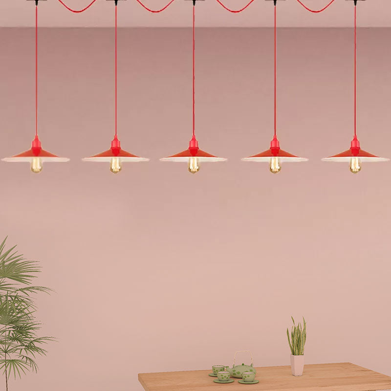 Flared Industrial Style Hanging Lamp Red 3/5 Light Fixture For Kitchen