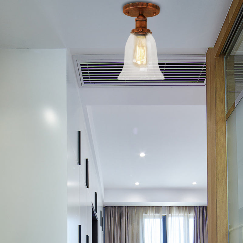 Industrial Flared Glass Semi Flush Mount Light with Clear Bulb in Black/Bronze/Copper
