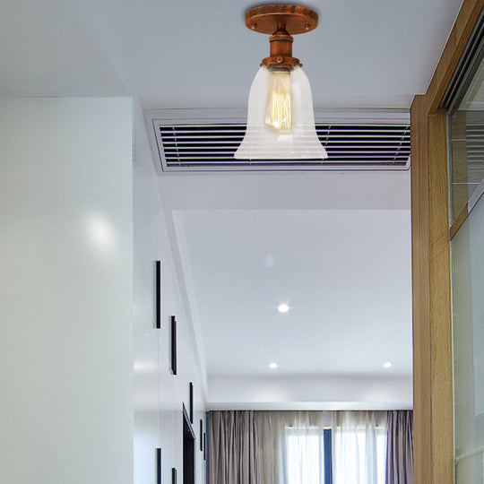 Industrial Flared Glass Semi Flush Mount Light with Clear Bulb in Black/Bronze/Copper