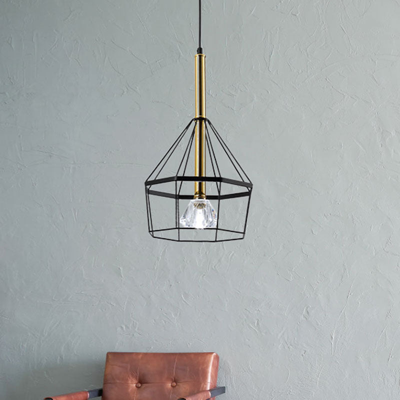 Industrial Style Pendant Lamp With Caged Metal And Clear Crystal Shade Black Finish