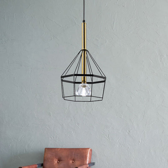 Industrial Style Pendant Lamp With Caged Metal And Clear Crystal Shade Black Finish