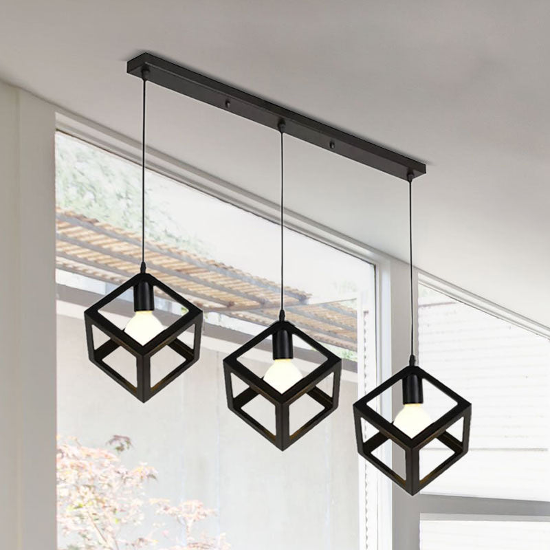 Industrial Metal Pendant Light With Wire Cage Shade - 3 Bulbs Black/White For Living Room Ceiling