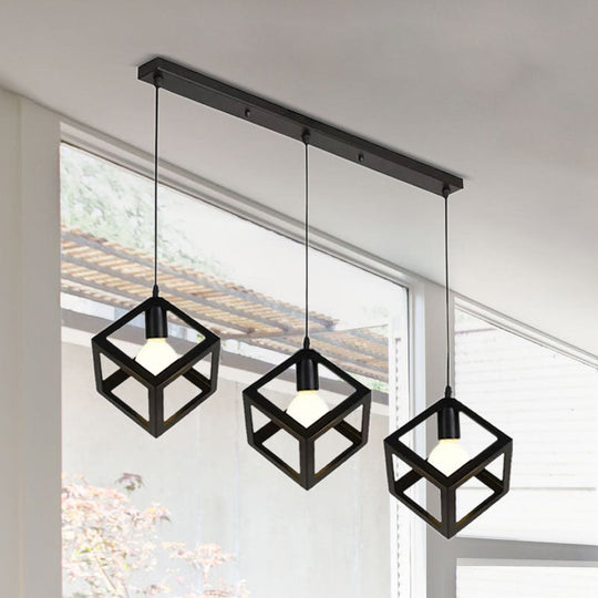 Industrial Metal Pendant Light With Wire Cage Shade - 3 Bulbs Black/White For Living Room Ceiling