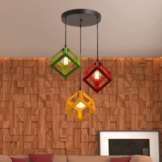 Metal Industrial Pendant Light with Wire Cage Shade - 3 Bulbs, Black/White, Living Room Ceiling Lamp