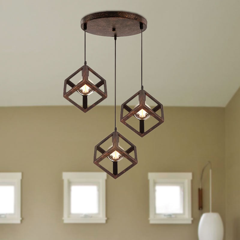 Metal Industrial Pendant Light with Wire Cage Shade - 3 Bulbs, Black/White, Living Room Ceiling Lamp