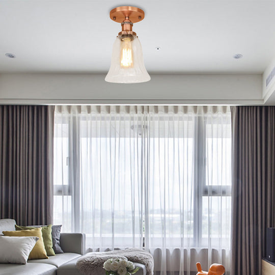 Industrial Flared Glass Semi Flush Mount Light with Clear Bulb in Black/Bronze/Copper