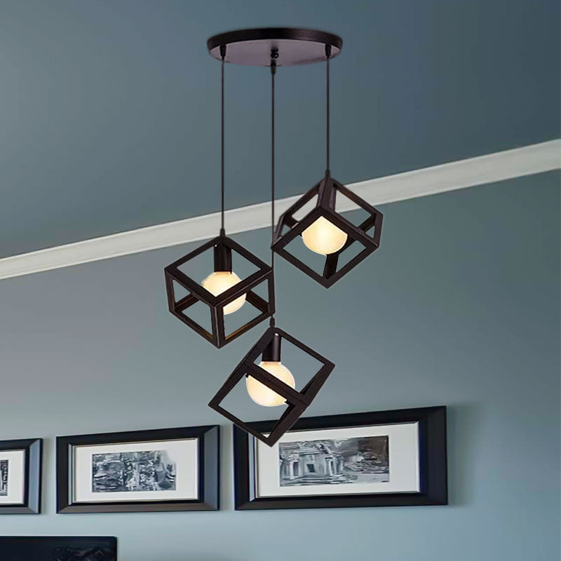 Industrial Metal Pendant Light With Wire Cage Shade - 3 Bulbs Black/White For Living Room Ceiling