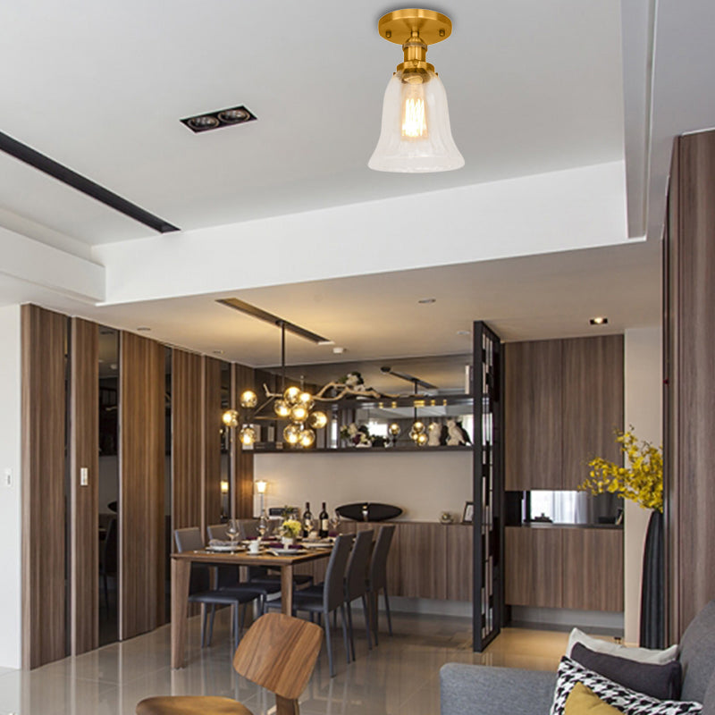 Industrial Flared Glass Semi Flush Mount Light with Clear Bulb in Black/Bronze/Copper