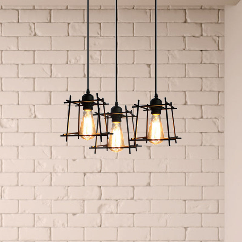 Farmhouse 3-Light Square Cage Hanging Pendant In Black/White For Dining Room