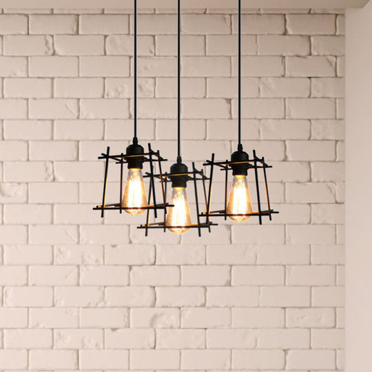 Farmhouse 3-Light Square Cage Hanging Pendant In Black/White For Dining Room