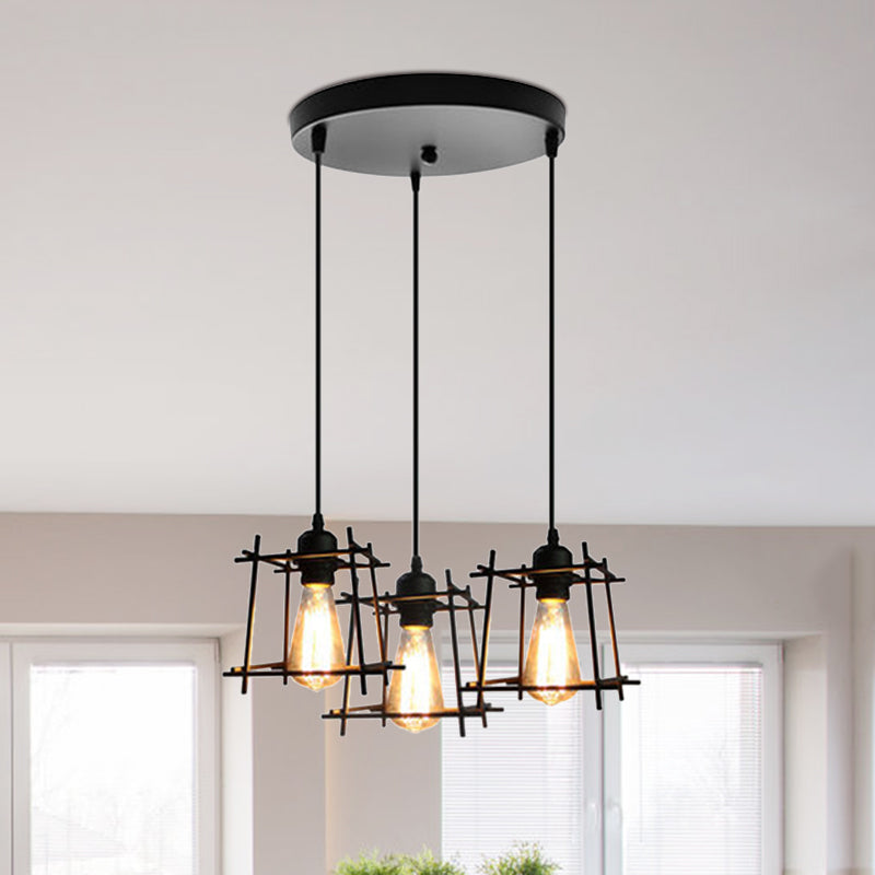 Farmhouse 3-Light Square Cage Hanging Pendant In Black/White For Dining Room